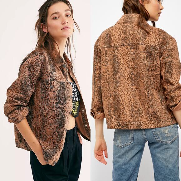 Free People Snake Trucker Jean Denim Jacket Relax Fit Brown Black Small Like New - Picture 1 of 5